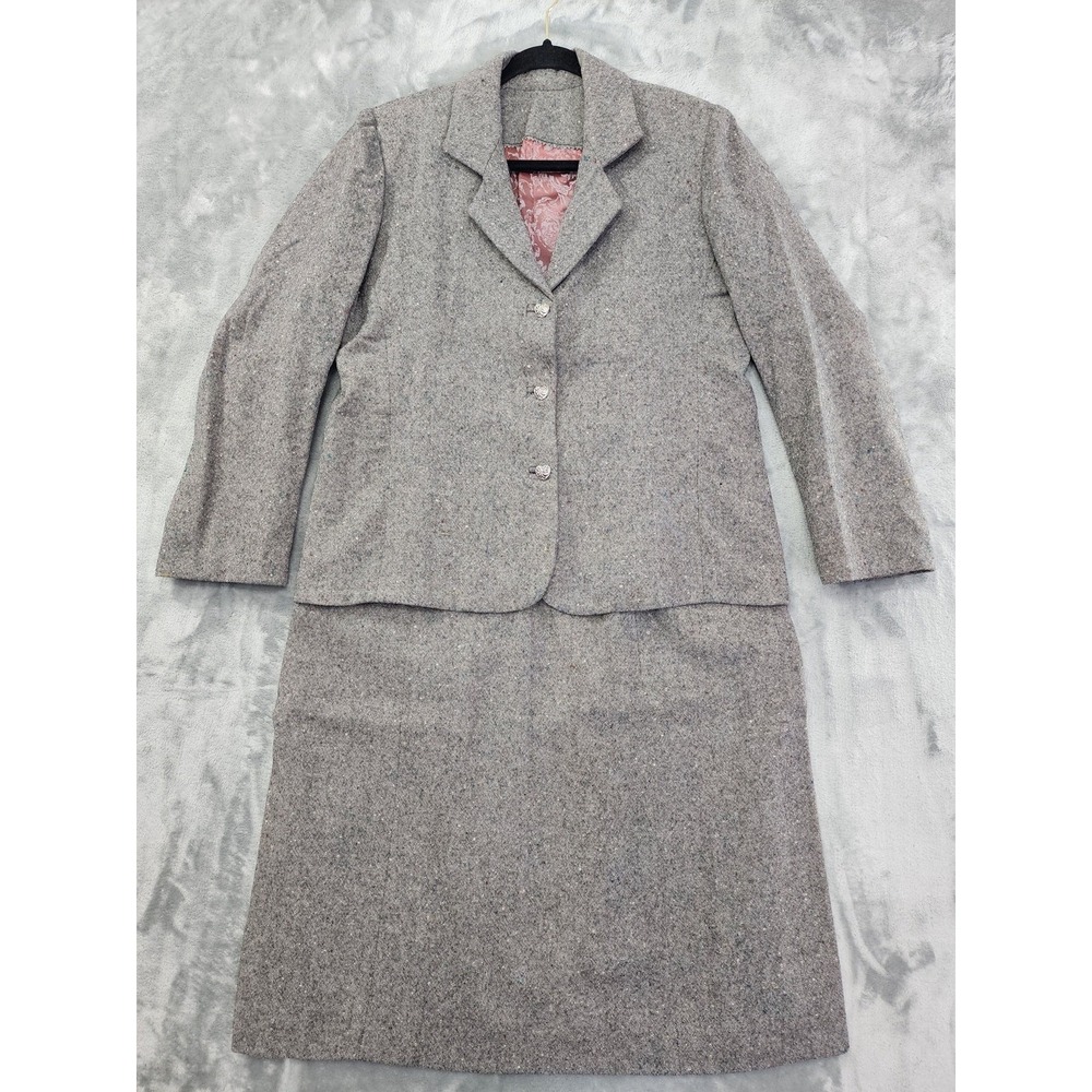Vintage 60s Skirt Suit Women M Gray Colorful Speckled Tweed Silver Heart Buttons
